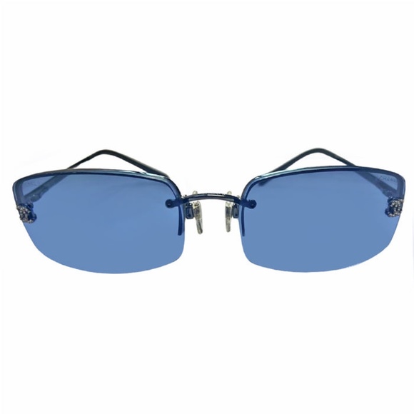 CHANEL CRYSTAL CC FRAMELESS BLUE LENS SUNGLASSES Y2K - Picture 1 of 4